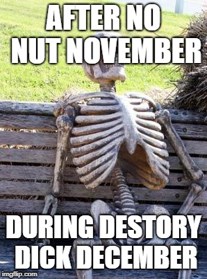 Waiting Skeleton | AFTER NO NUT NOVEMBER; DURING DESTORY DICK DECEMBER | image tagged in memes,waiting skeleton | made w/ Imgflip meme maker