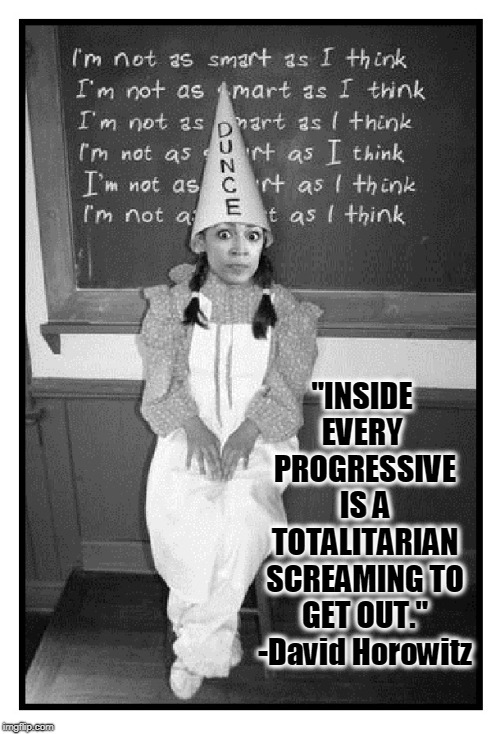 "Why do we, why should we hafta pay for anything?" -AOC | "INSIDE EVERY  PROGRESSIVE IS A TOTALITARIAN SCREAMING TO GET OUT." -David Horowitz | image tagged in alexandria ocasio-cortez,far left,globalists,progressives,vince vance,dunce cap | made w/ Imgflip meme maker