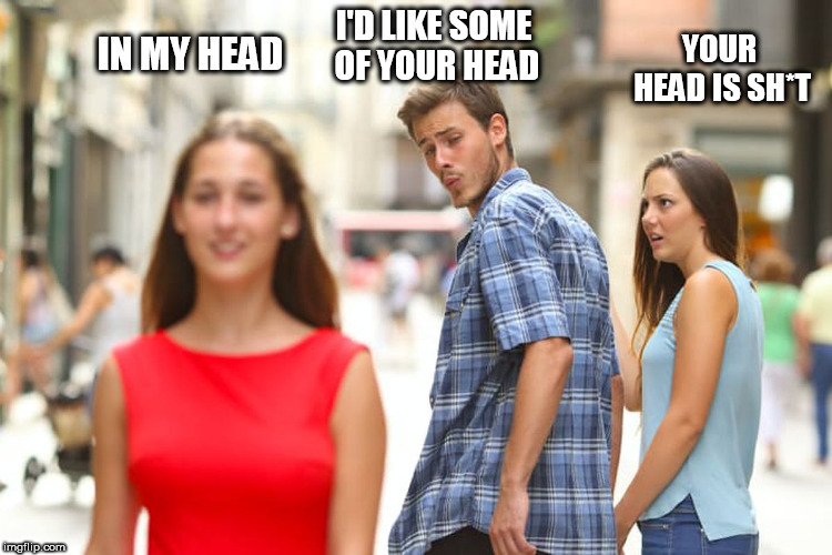 Distracted Boyfriend Meme | IN MY HEAD I'D LIKE SOME OF YOUR HEAD YOUR HEAD IS SH*T | image tagged in memes,distracted boyfriend | made w/ Imgflip meme maker