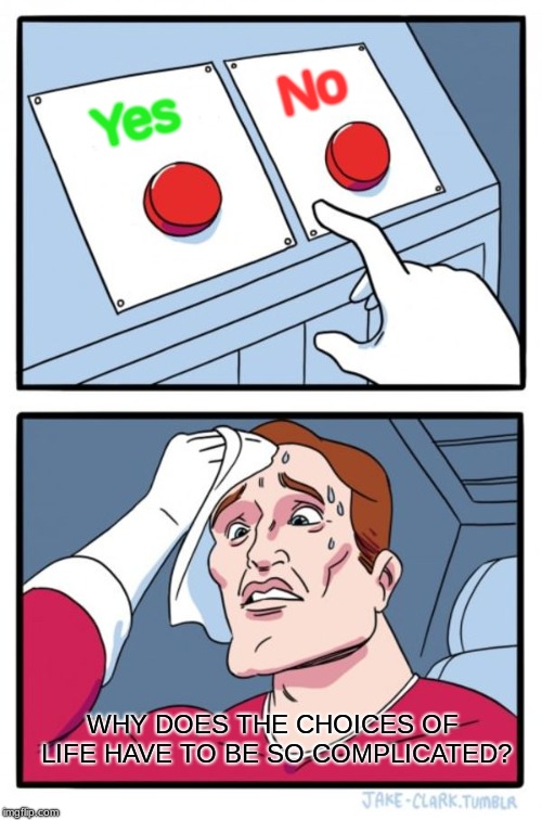 Two Buttons Meme | No; Yes; WHY DOES THE CHOICES OF LIFE HAVE TO BE SO COMPLICATED? | image tagged in memes,two buttons | made w/ Imgflip meme maker