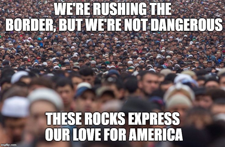 Migrant Wave | WE'RE RUSHING THE BORDER, BUT WE'RE NOT DANGEROUS; THESE ROCKS EXPRESS OUR LOVE FOR AMERICA | image tagged in migrant wave | made w/ Imgflip meme maker