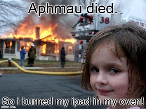 Disaster Girl | Aphmau died. So i burned my ipad in my oven! | image tagged in memes,disaster girl | made w/ Imgflip meme maker