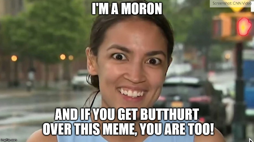 talking about SPatoine | I'M A MORON; AND IF YOU GET BUTTHURT OVER THIS MEME, YOU ARE TOO! | image tagged in alexandria ocasio-cortez,hahaha | made w/ Imgflip meme maker