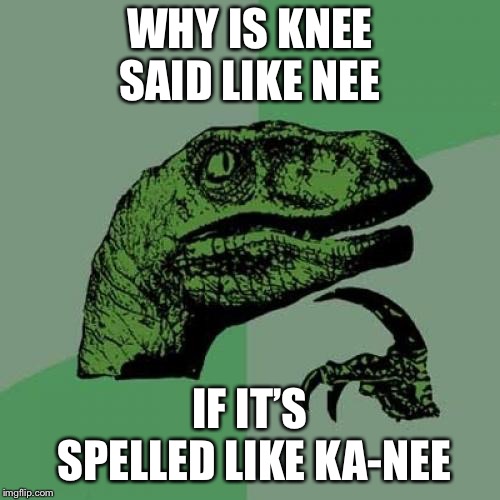 Philosoraptor Meme | WHY IS KNEE SAID LIKE NEE; IF IT’S SPELLED LIKE KA-NEE | image tagged in memes,philosoraptor | made w/ Imgflip meme maker