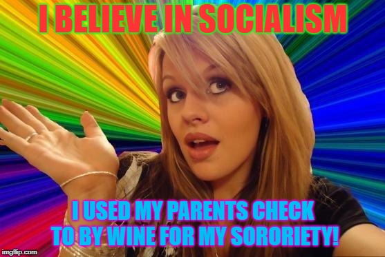 How Noble! | I BELIEVE IN SOCIALISM; I USED MY PARENTS CHECK TO BY WINE FOR MY SORORIETY! | image tagged in memes,dumb blonde | made w/ Imgflip meme maker