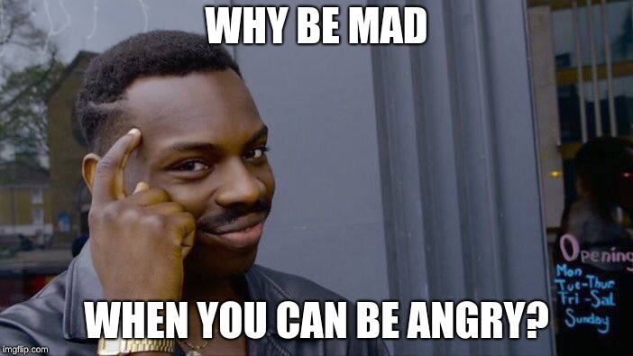 Roll Safe Think About It Meme | WHY BE MAD; WHEN YOU CAN BE ANGRY? | image tagged in memes,roll safe think about it | made w/ Imgflip meme maker