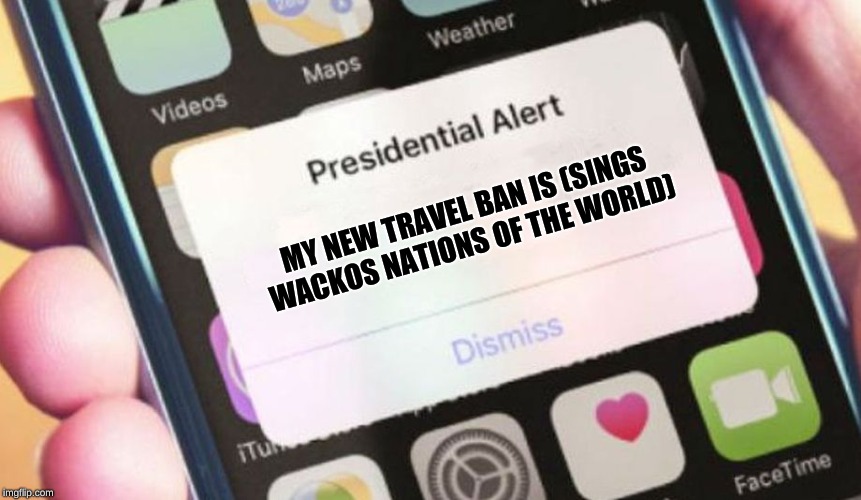 Presidential Alert | MY NEW TRAVEL BAN IS (SINGS WACKOS NATIONS OF THE WORLD) | image tagged in memes,presidential alert | made w/ Imgflip meme maker