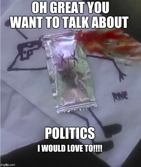 politics | OH GREAT YOU WANT TO TALK ABOUT; POLITICS; I WOULD LOVE TO!!!! | image tagged in funny,politics | made w/ Imgflip meme maker