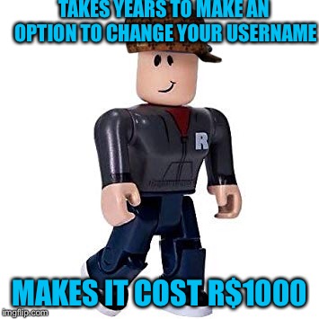 TAKES YEARS TO MAKE AN OPTION TO CHANGE YOUR USERNAME; MAKES IT COST R$1000 | image tagged in memes,roblox,scumbag | made w/ Imgflip meme maker