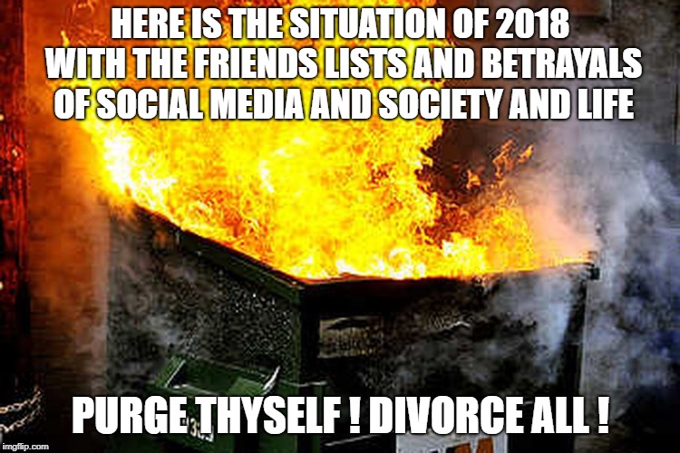 PURGE THYSELF ! 2018 | HERE IS THE SITUATION OF 2018 WITH THE FRIENDS LISTS AND BETRAYALS OF SOCIAL MEDIA AND SOCIETY AND LIFE; PURGE THYSELF ! DIVORCE ALL ! | image tagged in memes,meme | made w/ Imgflip meme maker