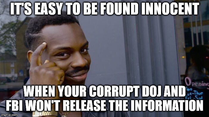 Roll Safe Think About It Meme | IT'S EASY TO BE FOUND INNOCENT WHEN YOUR CORRUPT DOJ AND FBI WON'T RELEASE THE INFORMATION | image tagged in memes,roll safe think about it | made w/ Imgflip meme maker