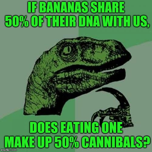 Philosoraptor | IF BANANAS SHARE 50% OF THEIR DNA WITH US, DOES EATING ONE MAKE UP 50% CANNIBALS? | image tagged in memes,philosoraptor | made w/ Imgflip meme maker