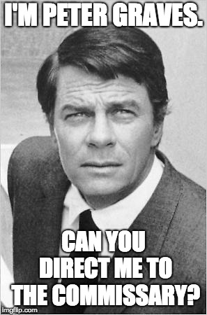 Peter Graves | I'M PETER GRAVES. CAN YOU DIRECT ME TO THE COMMISSARY? | image tagged in peter graves | made w/ Imgflip meme maker
