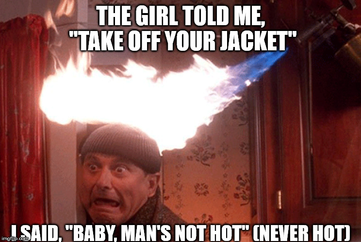 Big Shaq | THE GIRL TOLD ME, "TAKE OFF YOUR JACKET"; I SAID, "BABY, MAN'S NOT HOT" (NEVER HOT) | image tagged in home alone | made w/ Imgflip meme maker