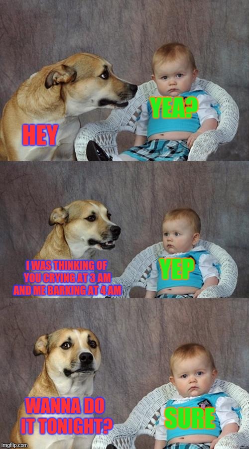 Dog and Baby | YEA? HEY; YEP; I WAS THINKING OF YOU CRYING AT 3 AM AND ME BARKING AT 4 AM; WANNA DO IT TONIGHT? SURE | image tagged in dog and baby | made w/ Imgflip meme maker
