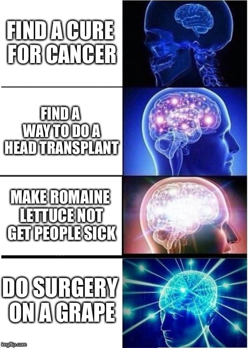 Grape surgeons | FIND A CURE FOR CANCER; FIND A WAY TO DO A HEAD TRANSPLANT; MAKE ROMAINE LETTUCE NOT GET PEOPLE SICK; DO SURGERY ON A GRAPE | image tagged in memes,expanding brain,grapes | made w/ Imgflip meme maker