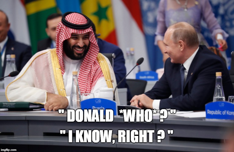 " DONALD  *WHO* ? "; " I KNOW, RIGHT ? " | image tagged in trump,putin,saudi arabia | made w/ Imgflip meme maker