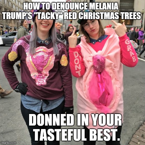 HOW TO DENOUNCE MELANIA TRUMP'S "TACKY" RED CHRISTMAS TREES; DONNED IN YOUR TASTEFUL BEST. | image tagged in when decrying the first lady's xmas trees,tasteless liberals,ridiculous,trump haters | made w/ Imgflip meme maker