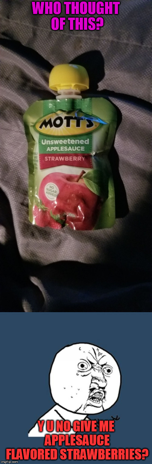 Whaaaaa? | WHO THOUGHT OF THIS? Y U NO GIVE ME APPLESAUCE FLAVORED STRAWBERRIES? | image tagged in memes,y u no,strawberry applesauce | made w/ Imgflip meme maker