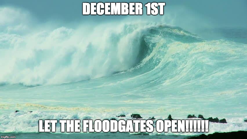 Surfin USA | DECEMBER 1ST; LET THE FLOODGATES OPEN!!!!!! | image tagged in ocean waves | made w/ Imgflip meme maker