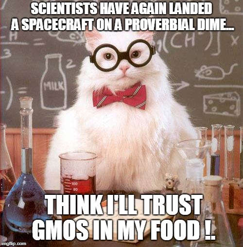 Science Cat | SCIENTISTS HAVE AGAIN LANDED A SPACECRAFT ON A PROVERBIAL DIME... THINK I'LL TRUST GMOS IN MY FOOD !. | image tagged in science cat | made w/ Imgflip meme maker