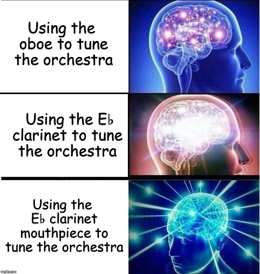 Expanding brain 3 panels | Using the oboe to tune the orchestra; Using the E♭ clarinet to tune
    the orchestra; Using the E♭ clarinet mouthpiece to tune the orchestra | image tagged in expanding brain 3 panels | made w/ Imgflip meme maker