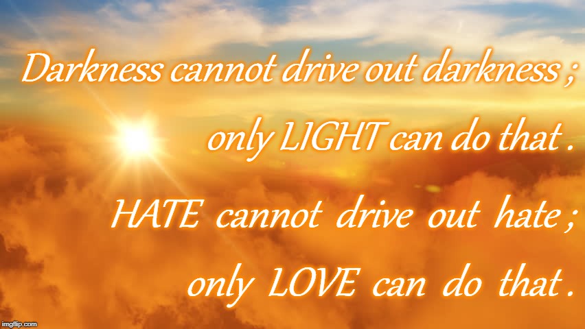 HATE vs LOVE | Darkness cannot drive out darkness ;; only LIGHT can do that . HATE  cannot  drive  out  hate ;; only  LOVE  can  do  that . | image tagged in darkness vs light,hate vs love | made w/ Imgflip meme maker