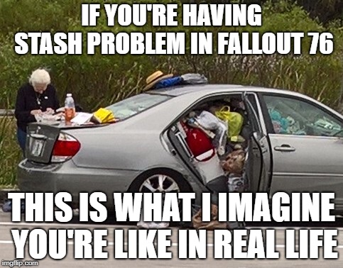 Seriously | IF YOU'RE HAVING STASH PROBLEM IN FALLOUT 76; THIS IS WHAT I IMAGINE YOU'RE LIKE IN REAL LIFE | image tagged in fallout76,bethesda,fallout | made w/ Imgflip meme maker