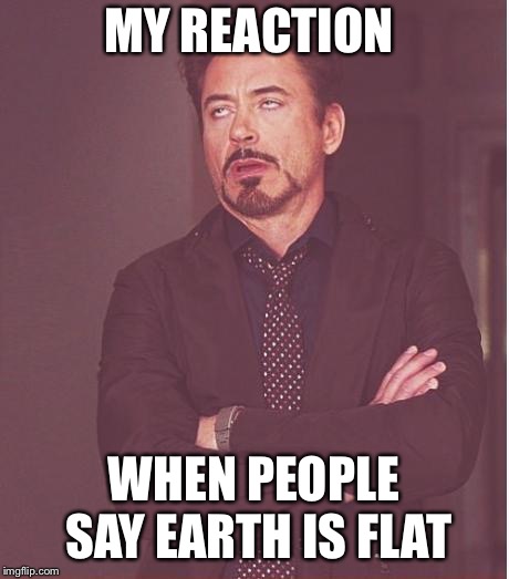 Face You Make Robert Downey Jr Meme | MY REACTION; WHEN PEOPLE SAY EARTH IS FLAT | image tagged in memes,face you make robert downey jr | made w/ Imgflip meme maker