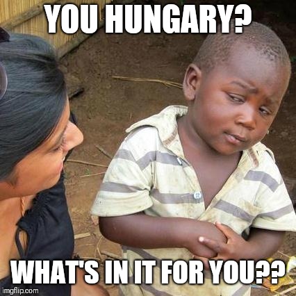 Third World Skeptical Kid | YOU HUNGARY? WHAT'S IN IT FOR YOU?? | image tagged in memes,third world skeptical kid | made w/ Imgflip meme maker