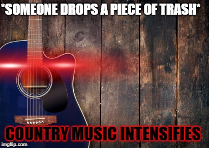 country music | *SOMEONE DROPS A PIECE OF TRASH*; COUNTRY MUSIC INTENSIFIES | image tagged in country music | made w/ Imgflip meme maker