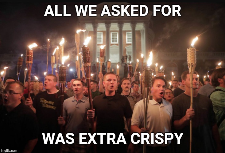 Tiki time |  ALL WE ASKED FOR; WAS EXTRA CRISPY | image tagged in alt right tiki torches,tiki | made w/ Imgflip meme maker