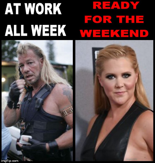 image tagged in amy schumer,dog,dog the bounty hunter,bounty hunter,weekend,weekdays | made w/ Imgflip meme maker