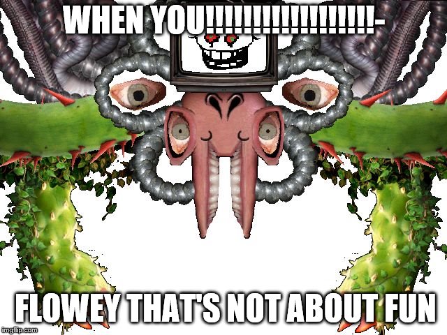 Omega Flowey | WHEN YOU!!!!!!!!!!!!!!!!!!-; FLOWEY THAT'S NOT ABOUT FUN | image tagged in omega flowey | made w/ Imgflip meme maker