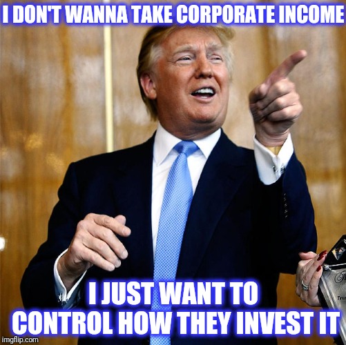 Donal Trump Birthday | I DON'T WANNA TAKE CORPORATE INCOME I JUST WANT TO CONTROL HOW THEY INVEST IT | image tagged in donal trump birthday,scumbag | made w/ Imgflip meme maker