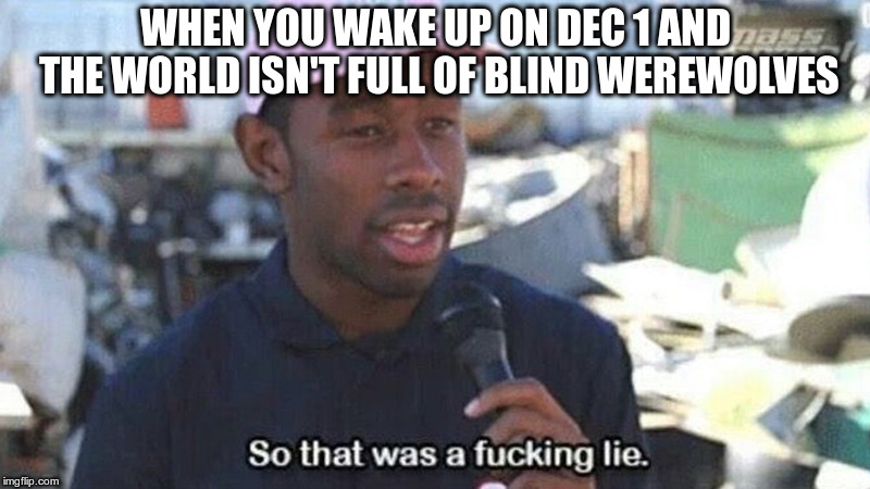 So that was a fucking lie | WHEN YOU WAKE UP ON DEC 1 AND THE WORLD ISN'T FULL OF BLIND WEREWOLVES | image tagged in so that was a fucking lie | made w/ Imgflip meme maker