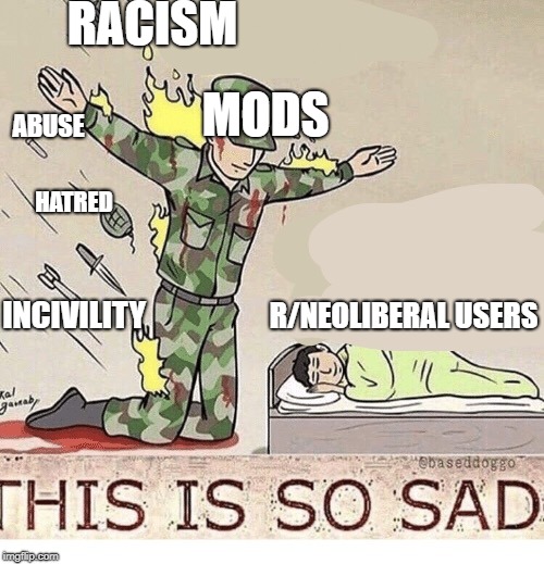 Soldier protecting sleeping child | RACISM; MODS; ABUSE; HATRED; R/NEOLIBERAL USERS; INCIVILITY | image tagged in soldier protecting sleeping child | made w/ Imgflip meme maker