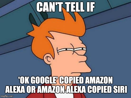 Does anyone else have this dilemma? | CAN'T TELL IF; 'OK GOOGLE' COPIED AMAZON ALEXA OR AMAZON ALEXA COPIED SIRI | image tagged in memes,futurama fry,funny,latest | made w/ Imgflip meme maker