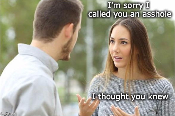 Apology | I’m sorry I called you an asshole; I thought you knew | image tagged in couple talking,apology,insult | made w/ Imgflip meme maker