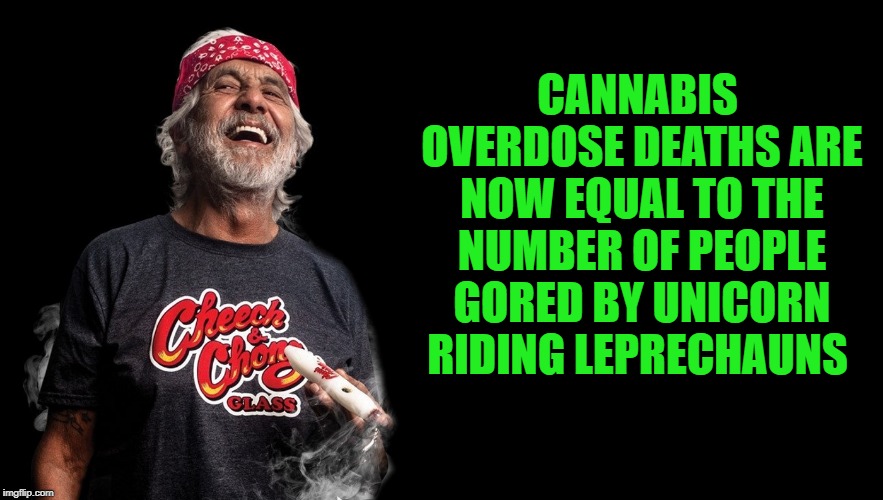 Cheech speaks the truth | CANNABIS OVERDOSE DEATHS ARE NOW EQUAL TO THE NUMBER OF PEOPLE GORED BY UNICORN RIDING LEPRECHAUNS | image tagged in cheech,fact,funny | made w/ Imgflip meme maker