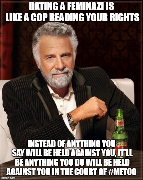 Repost | DATING A FEMINAZI IS LIKE A COP READING YOUR RIGHTS; INSTEAD OF ANYTHING YOU SAY WILL BE HELD AGAINST YOU, IT'LL BE ANYTHING YOU DO WILL BE HELD AGAINST YOU IN THE COURT OF #METOO | image tagged in memes,the most interesting man in the world | made w/ Imgflip meme maker