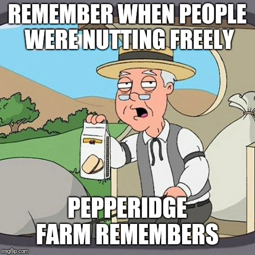 Pepperidge Farm Remembers Meme | REMEMBER WHEN PEOPLE WERE NUTTING FREELY; PEPPERIDGE FARM REMEMBERS | image tagged in memes,pepperidge farm remembers | made w/ Imgflip meme maker
