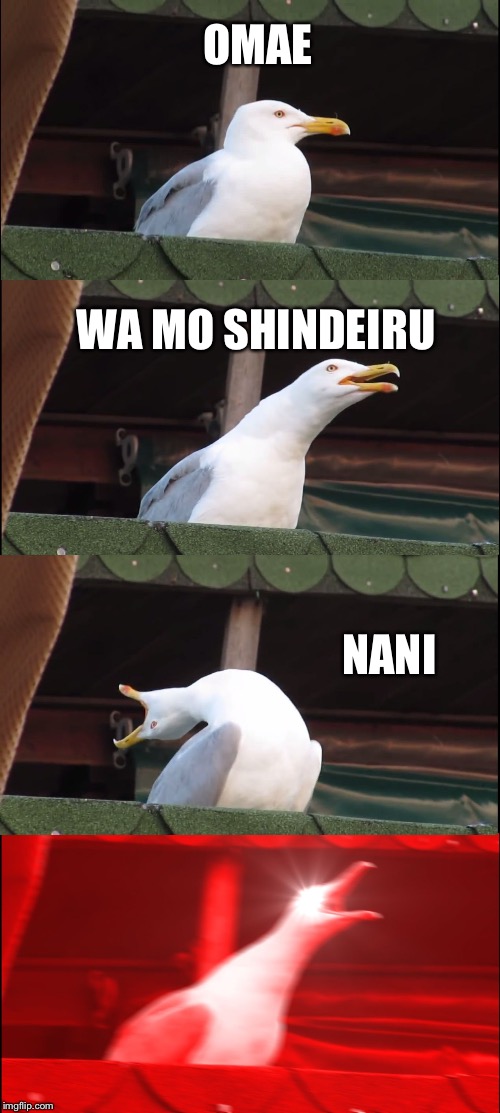 Inhaling Seagull | OMAE; WA MO SHINDEIRU; NANI | image tagged in memes,inhaling seagull | made w/ Imgflip meme maker