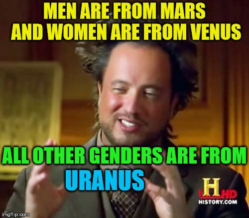 Ancient Aliens | MEN ARE FROM MARS AND WOMEN ARE FROM VENUS; ALL OTHER GENDERS ARE FROM; URANUS | image tagged in memes,ancient aliens,uranus,mars,venus,gender | made w/ Imgflip meme maker