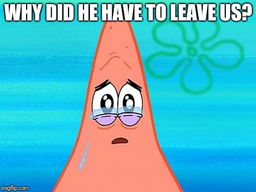 Crying Patrick  | WHY DID HE HAVE TO LEAVE US? | image tagged in crying patrick | made w/ Imgflip meme maker