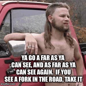 almost redneck | YA GO A FAR AS YA CAN SEE, AND AS FAR AS YA CAN SEE AGAIN.  IF YOU SEE A FORK IN THE ROAD, TAKE IT | image tagged in almost redneck | made w/ Imgflip meme maker