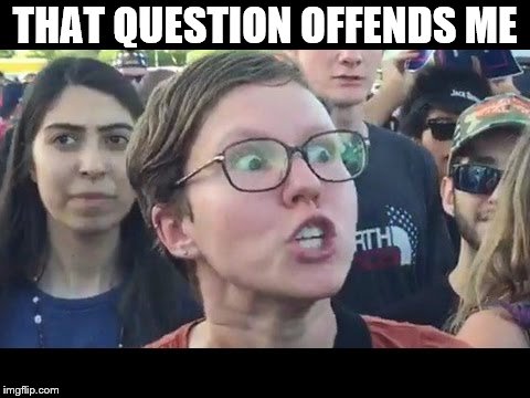 Angry sjw | THAT QUESTION OFFENDS ME | image tagged in angry sjw | made w/ Imgflip meme maker