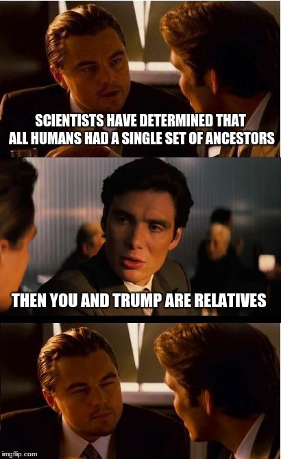 You are kin to President Trump, MAGA! | SCIENTISTS HAVE DETERMINED THAT ALL HUMANS HAD A SINGLE SET OF ANCESTORS; THEN YOU AND TRUMP ARE RELATIVES | image tagged in memes,inception,maga,dna | made w/ Imgflip meme maker