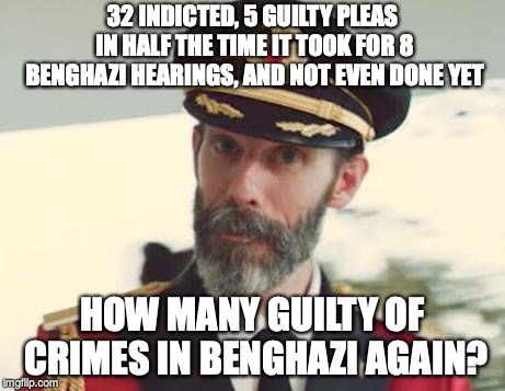 Captain Obvious | 32 INDICTED, 5 GUILTY PLEAS IN HALF THE TIME IT TOOK FOR 8 BENGHAZI HEARINGS, AND NOT EVEN DONE YET; HOW MANY GUILTY OF CRIMES IN BENGHAZI AGAIN? | image tagged in captain obvious | made w/ Imgflip meme maker