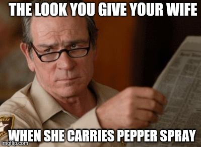 Tommy Lee Jones | THE LOOK YOU GIVE YOUR WIFE; WHEN SHE CARRIES PEPPER SPRAY | image tagged in tommy lee jones | made w/ Imgflip meme maker
